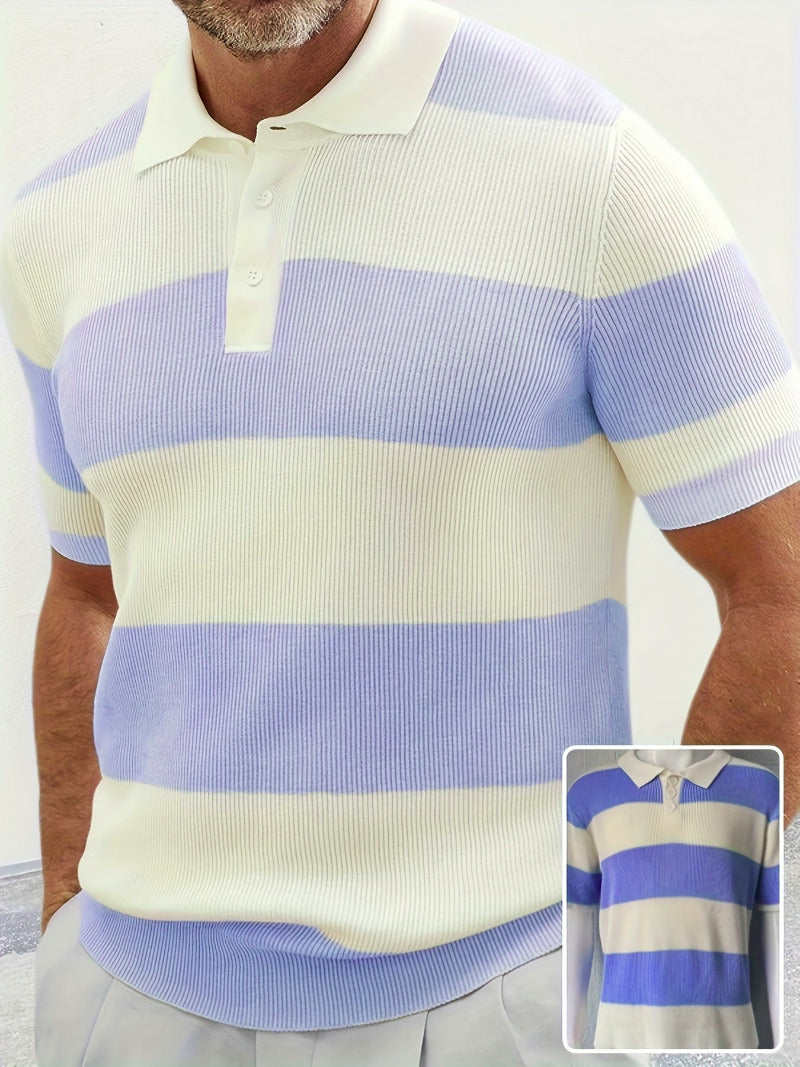 Man wearing a blue and white striped polo shirt with a close-up inset.