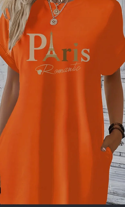 Midi Paris Print Crew Neck Tunic Dress-Perfect For Spring, Summer, And Fall