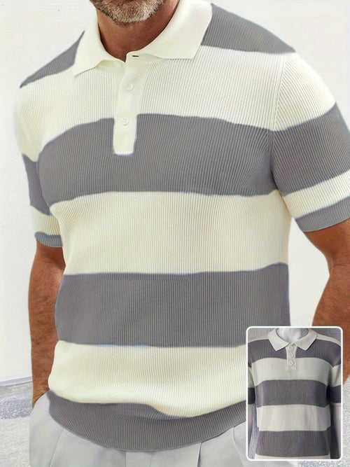 Man wearing a gray and white striped polo shirt with an inset showing the shirt on a hanger.