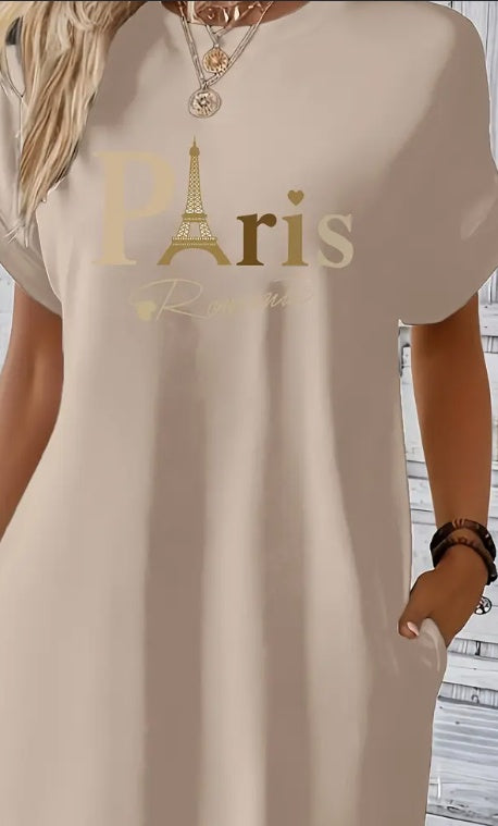 Midi Paris Print Crew Neck Tunic Dress-Perfect For Spring, Summer, And Fall