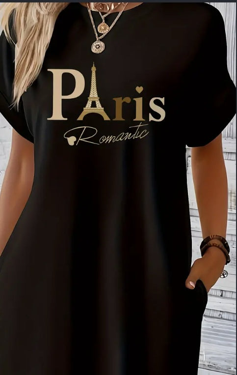 Midi Paris Print Crew Neck Tunic Dress-Perfect For Spring, Summer, And Fall
